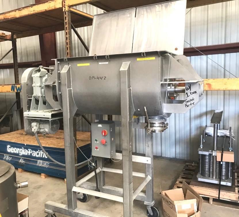 ***SOLD*** used 10 CU.FT. Sanitary Stainless Steel Ribbon Blender built by Hayes & Stolz. Model HR10-0199SSS, serial#A100801. 304 stainless steel 10 gauge Interior surfaces polished to 180 grit finish.  Exterior surface glass bead blasted finish. 44in x 22in x 26in deep. NEW Split shaft seals with CINCH SEAL GASKET system. 6in discharge port with Salina vortex gate. Two piece Stainless steel split cover with safety grid. 5-HP, 3 phase, 60 cycle, 230/460 volt motor. Control panel with motor starter. Video of unit running available. 
